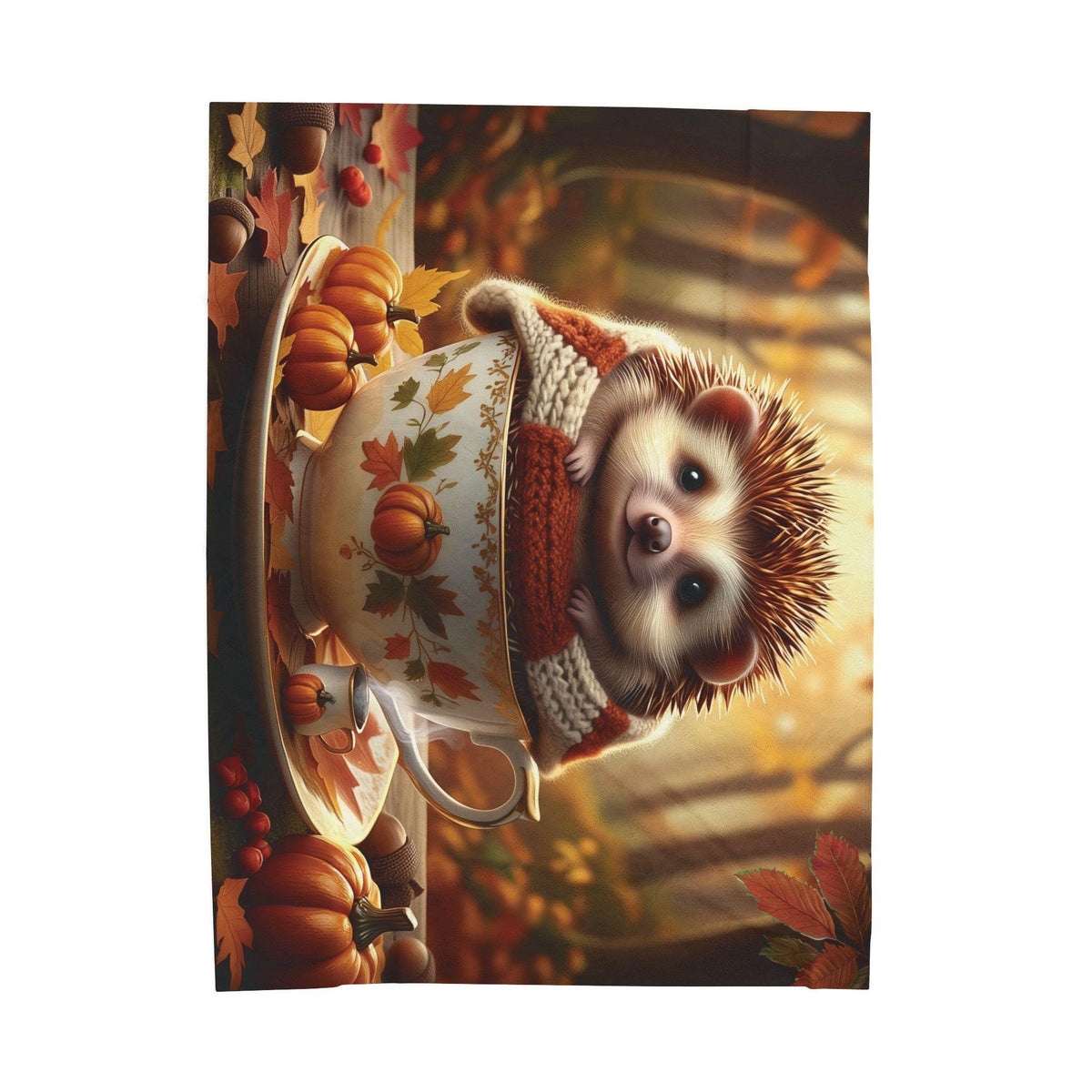 Autumn Hedgehog Plush Blanket - Cute Fall Animal Throw in Pumpkin Teacup | Cozy Woodland Decor | Cottagecore Gift for Animal Lovers