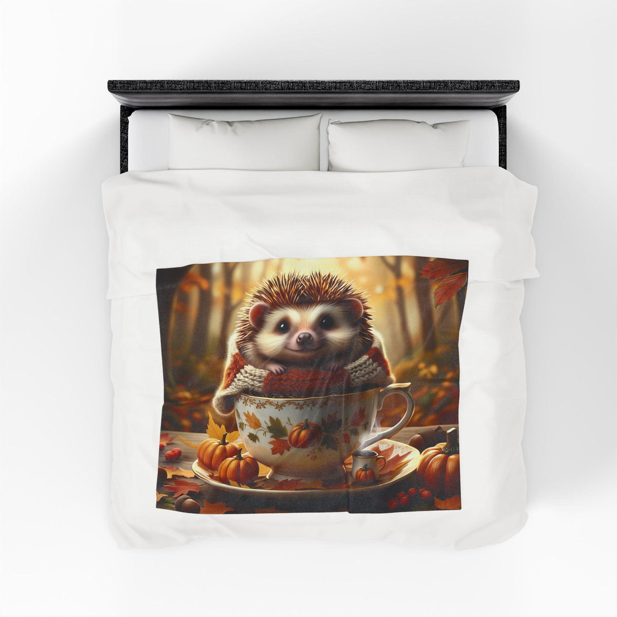 Autumn Hedgehog Plush Blanket - Cute Fall Animal Throw in Pumpkin Teacup | Cozy Woodland Decor | Cottagecore Gift for Animal Lovers
