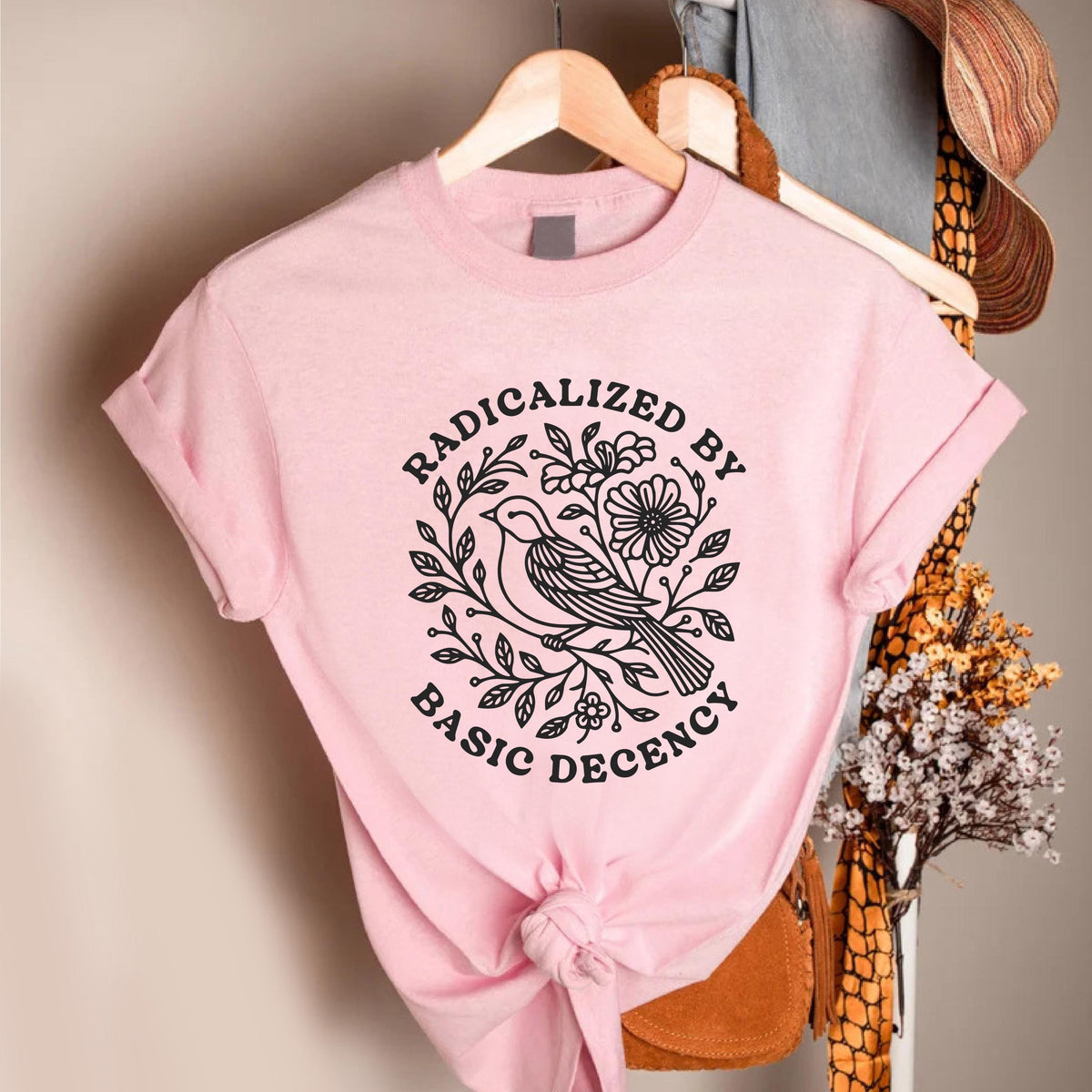 Radicalized By Basic Decency Shirt, Floral Peace Dove Graphic Tee, Pink Unisex T-Shirt, Feminist Social Justice Top, Kindness Activist Gift