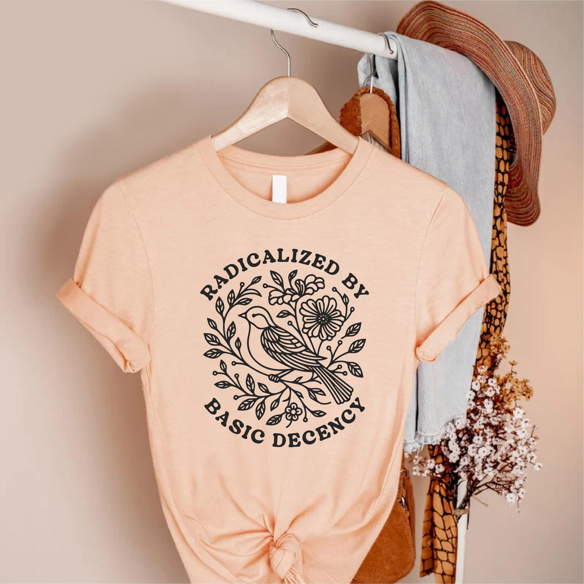 Radicalized By Basic Decency Shirt, Floral Peace Dove Graphic Tee, Pink Unisex T-Shirt, Feminist Social Justice Top, Kindness Activist Gift