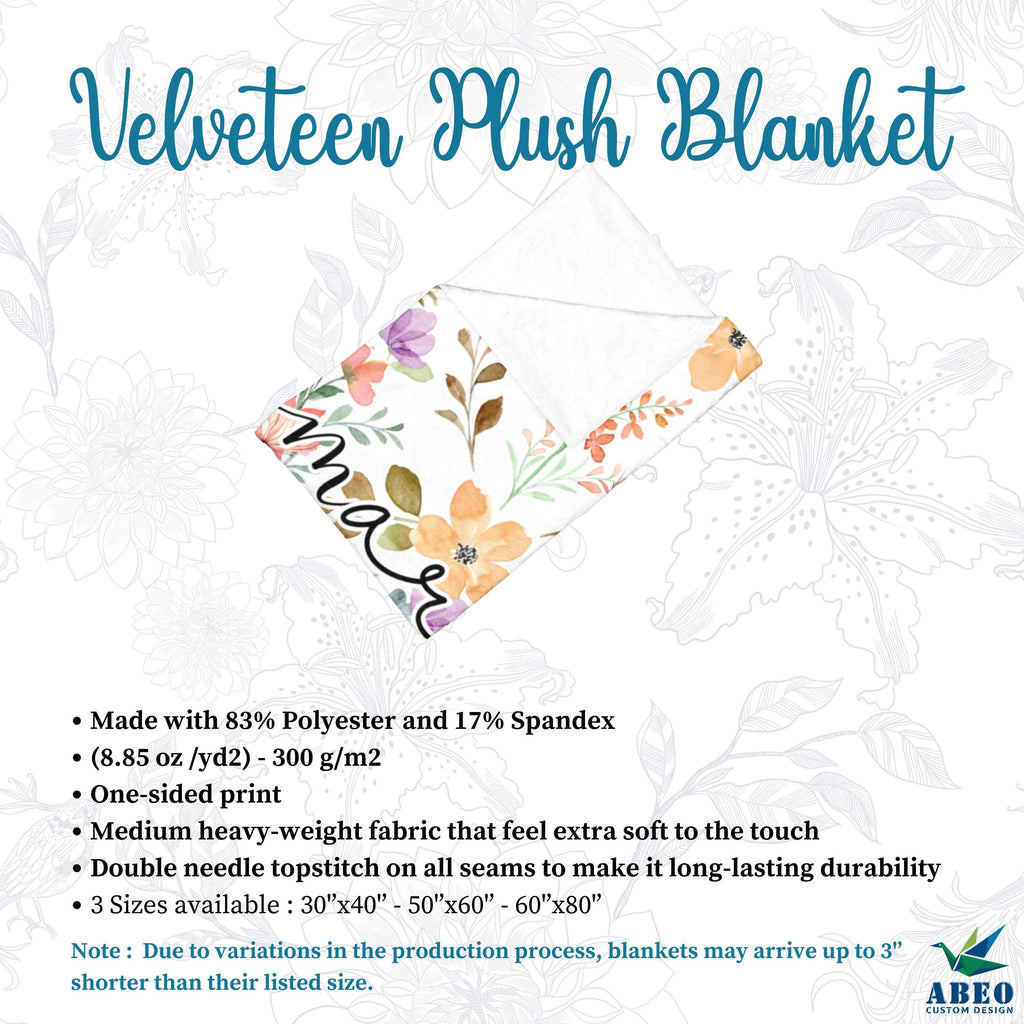 Floral Name Blanket for Girls, Personalized Boho Watercolor Nursery Throw, Soft Fleece or Sherpa, Custom Wildflower Baby Shower Gift | abeo