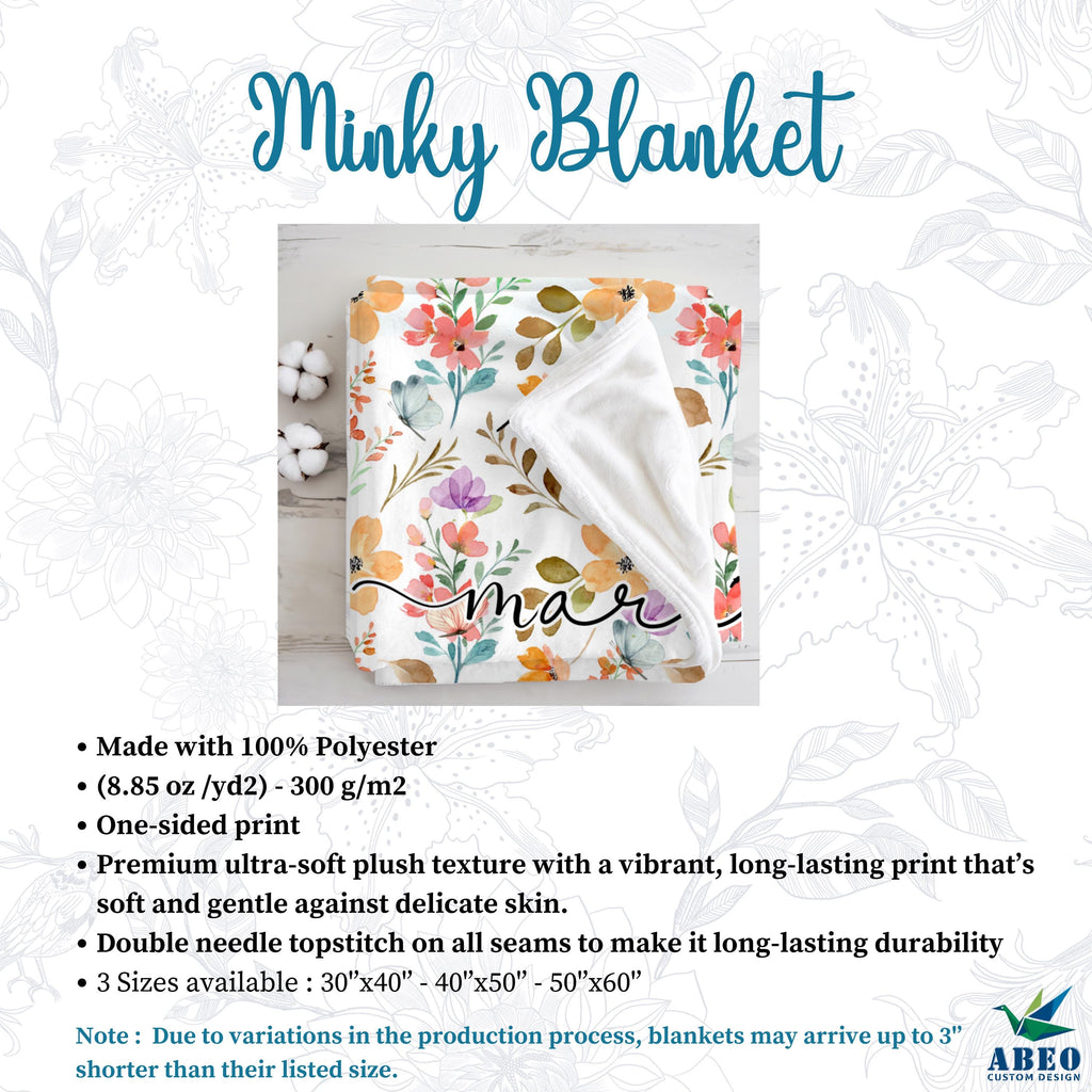 Floral Name Blanket for Girls, Personalized Boho Watercolor Nursery Throw, Soft Fleece or Sherpa, Custom Wildflower Baby Shower Gift | abeo