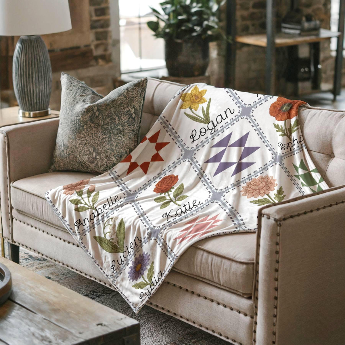 Custom Birth Flower Patchwork Blanket: Family Christmas Gift Blanket Personalized Grandma's Garden Woven Throw