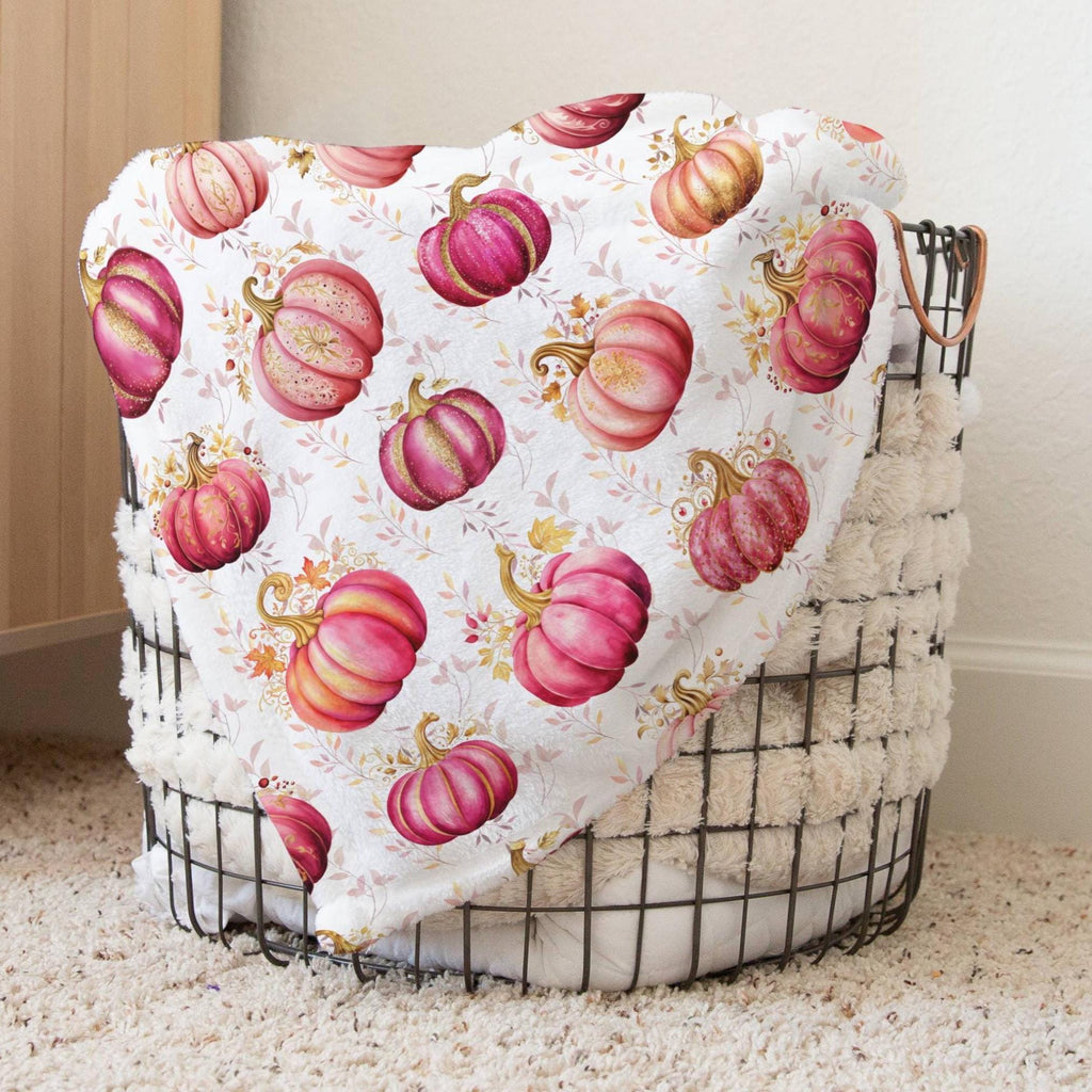 Pink Pumpkins Plush Blanket, Fall Pumpkin Throw, Thanksgiving Gift, Housewarming, Royal Gold & Pink Holiday Decor, Autumn Accent Blanket