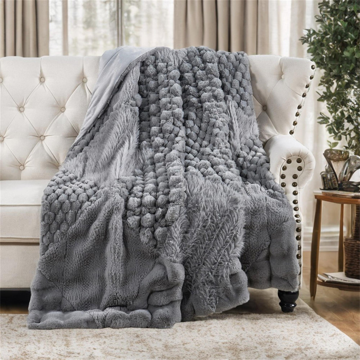 Plaid Patchwork Faux Fur Throw Blanket, Cozy Farmhouse Plush Couch Throw (60" x 70"), Rustic Home Decor Gift