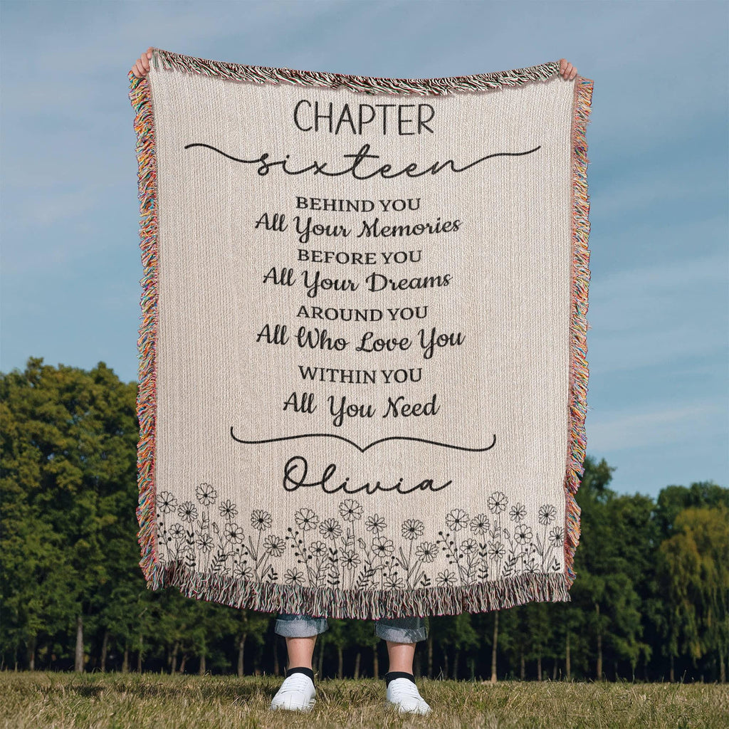 16th Birthday Gift Personalized Woven Blanket, Custom Name Cotton Throw, Sweet 16 Gifts Tapestry for Daughter Girl Boy Best Friend Besti V13