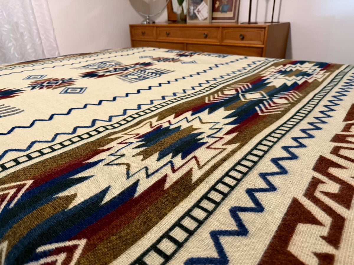 Handwoven Alpaca Blanket Queen Size – Reversible Blue Cream Southwest Aztec Throw | Rustic Cabin Bedroom Decor | Luxury Lodge Blanket Gift