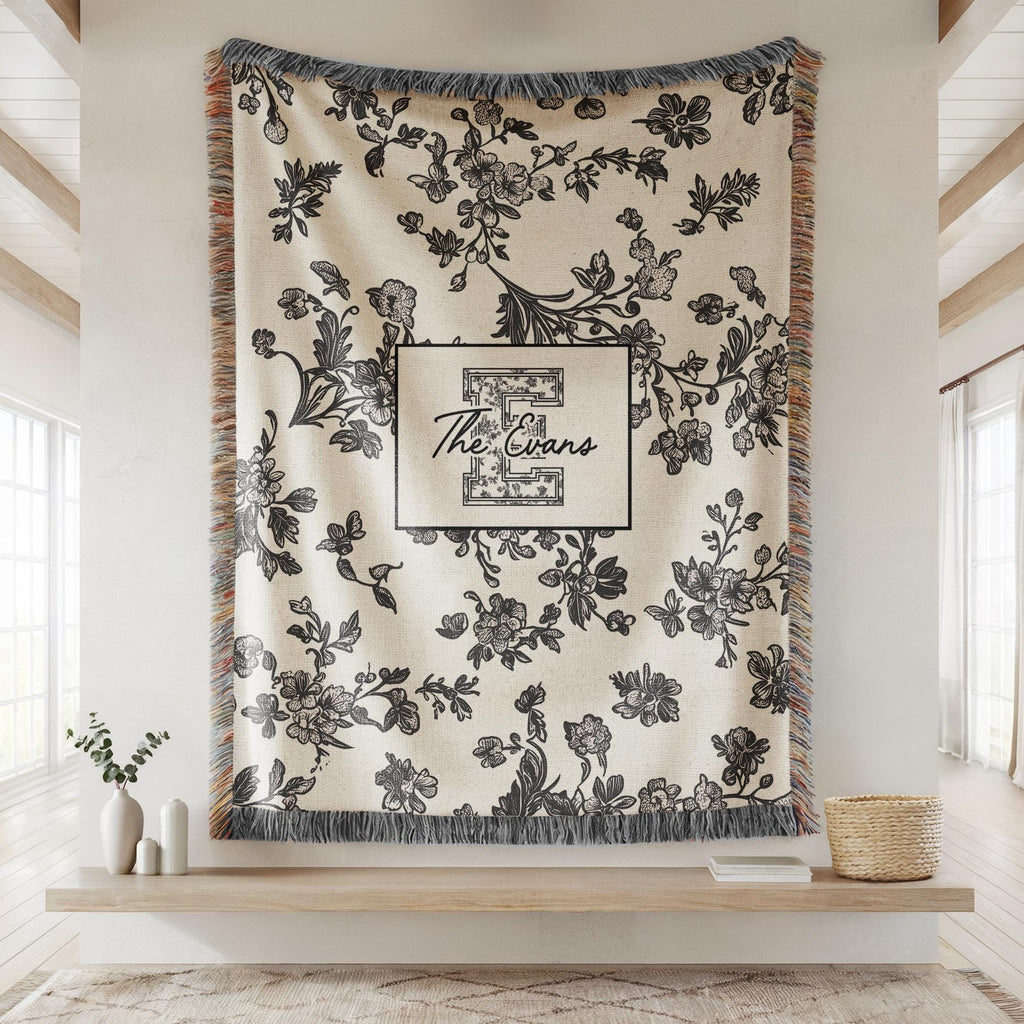 Toile monogram blanket personalized woven throw, last name floral throw for couch, personalized house warming gift, newly married,