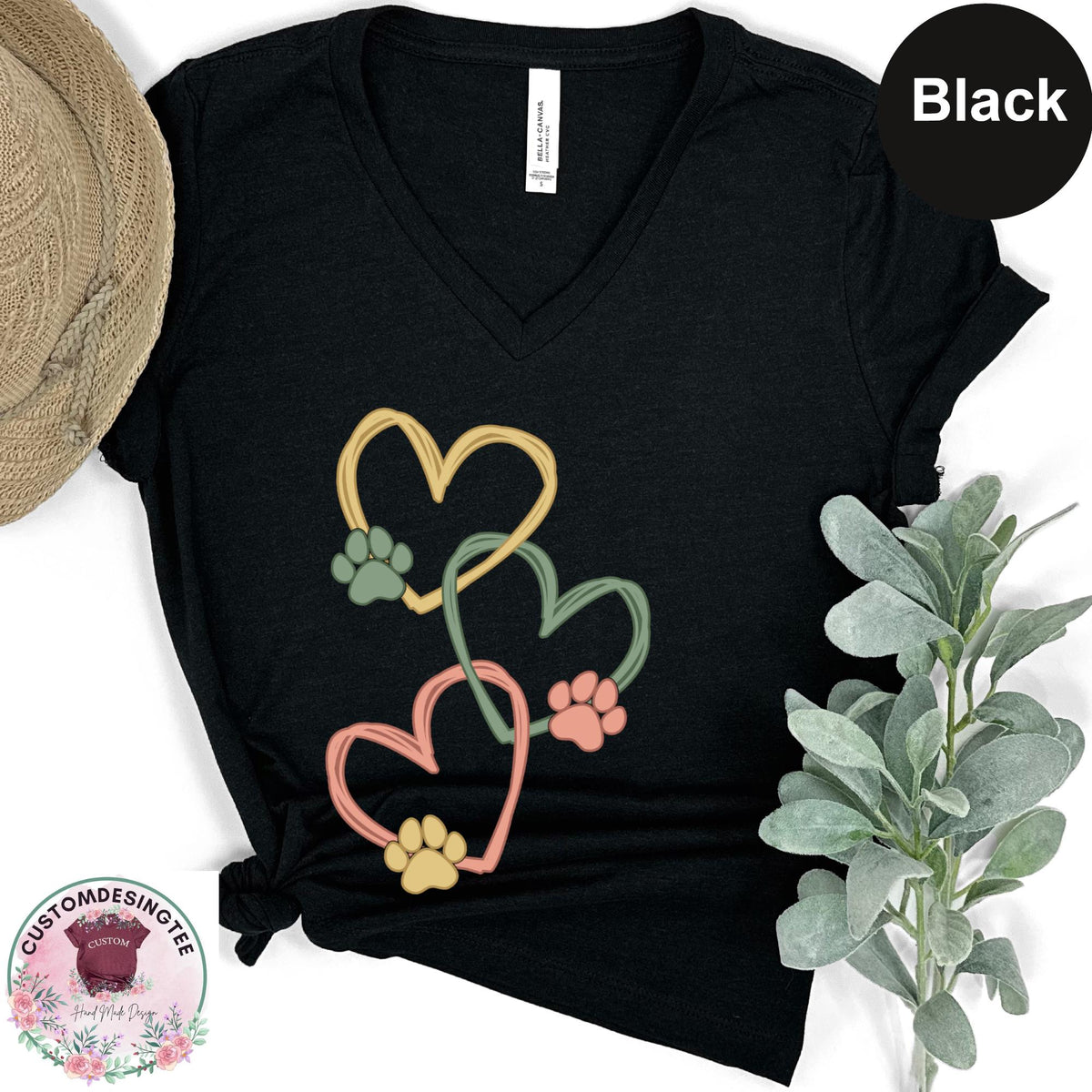 Pet Love Heart Art Vneck Shirt, Dog & Cat Paw Heart VNeck TShirt