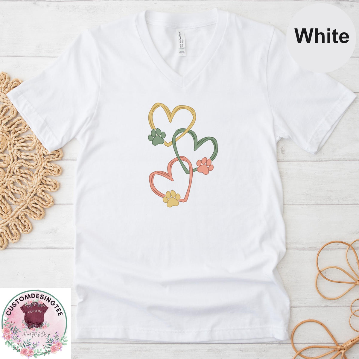 Pet Love Heart Art Vneck Shirt, Dog & Cat Paw Heart VNeck TShirt