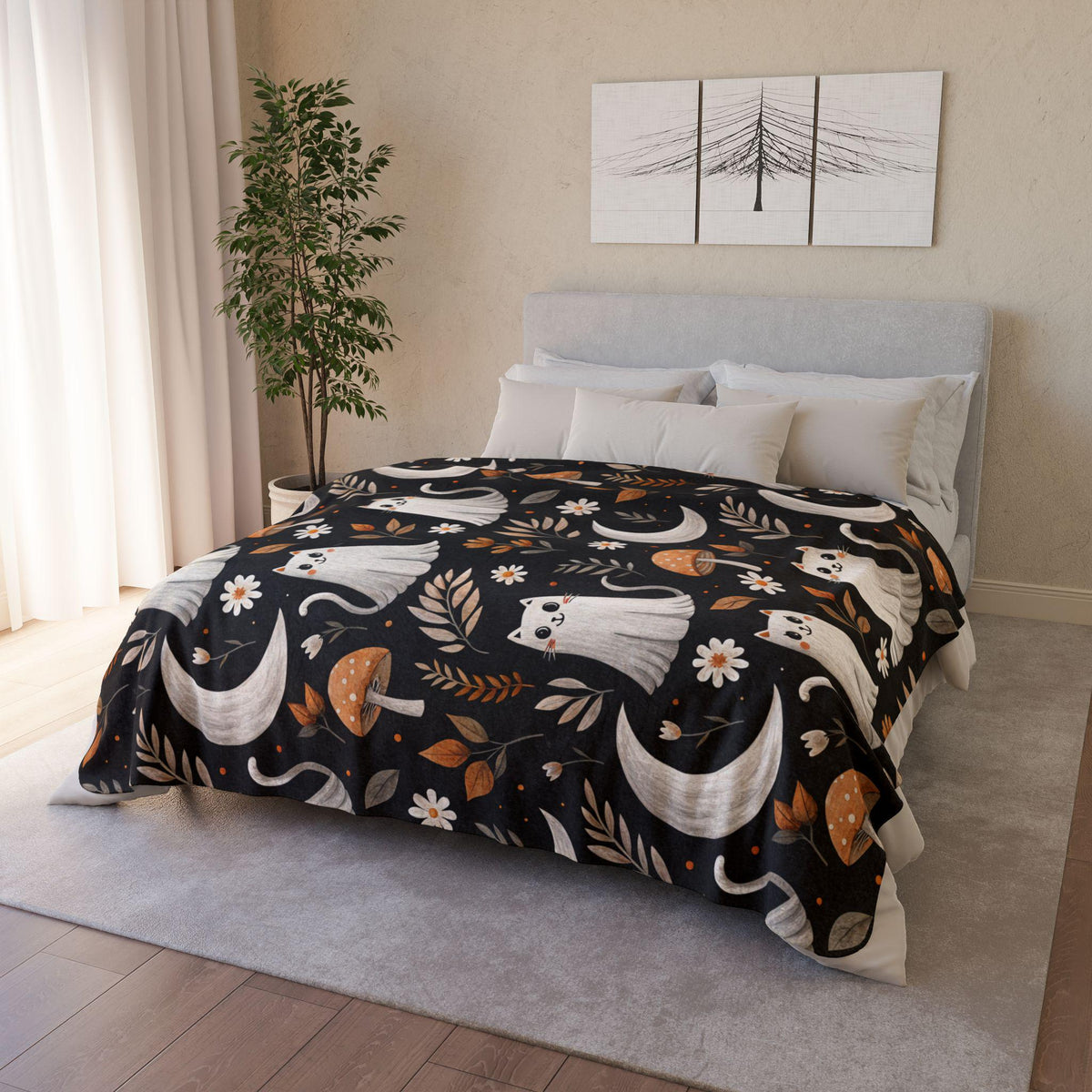 Ghost Cat Halloween Blanket | Sherpa & Velveteen Throw | Spooky Fall Decor | Cottagecore Autumn