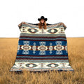 Handwoven Alpaca Blanket Queen Size – Reversible Blue Cream Southwest Aztec Throw | Rustic Cabin Bedroom Decor | Luxury Lodge Blanket Gift