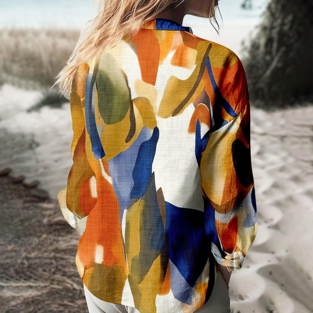 Abstract Art Blouse for Women, Colorful Casual Shirt, Modern Boho Button Up Top, Vintage Summer Beach Wear Gift