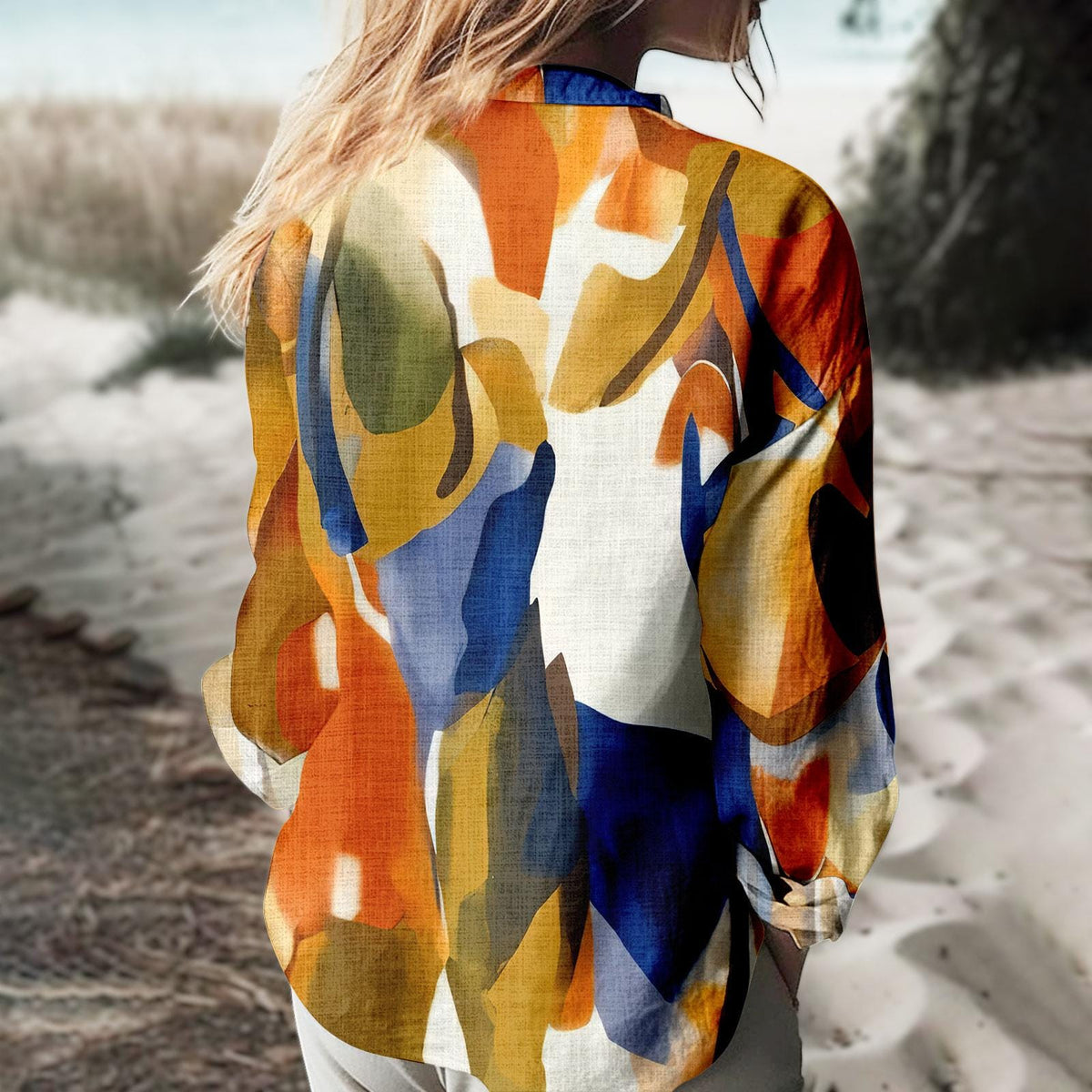 Abstract Art Blouse for Women, Colorful Casual Shirt, Modern Boho Button Up Top, Vintage Summer Beach Wear Gift