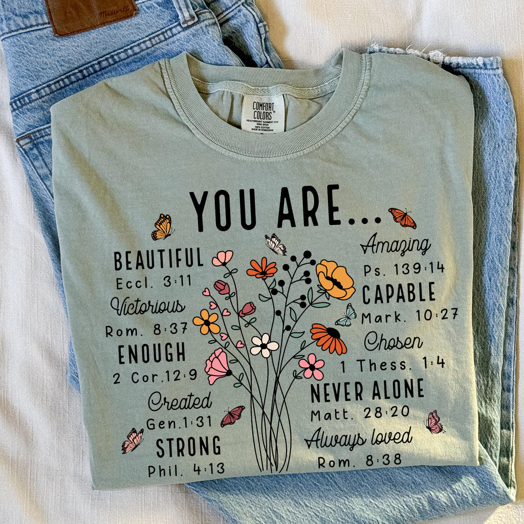 Comfort Colors Religious Quote Shirt - YOU ARE Inspirational Floral Shirt - Christian Botanical Tee -You Are Enough Beautiful Capable Strong