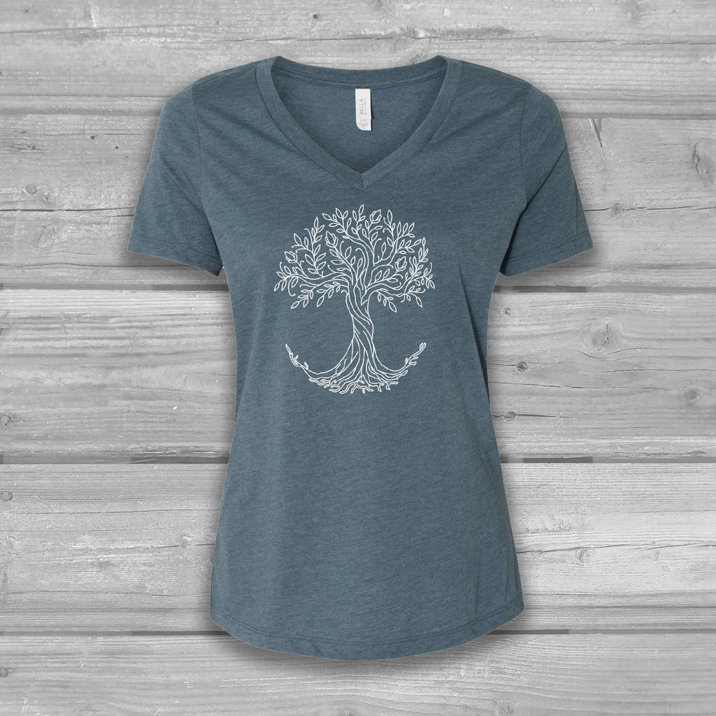Tree of Life Womens V-Neck T-Shirt, Rooted: Bella Relaxed Fit, Lightweight, Soft Top