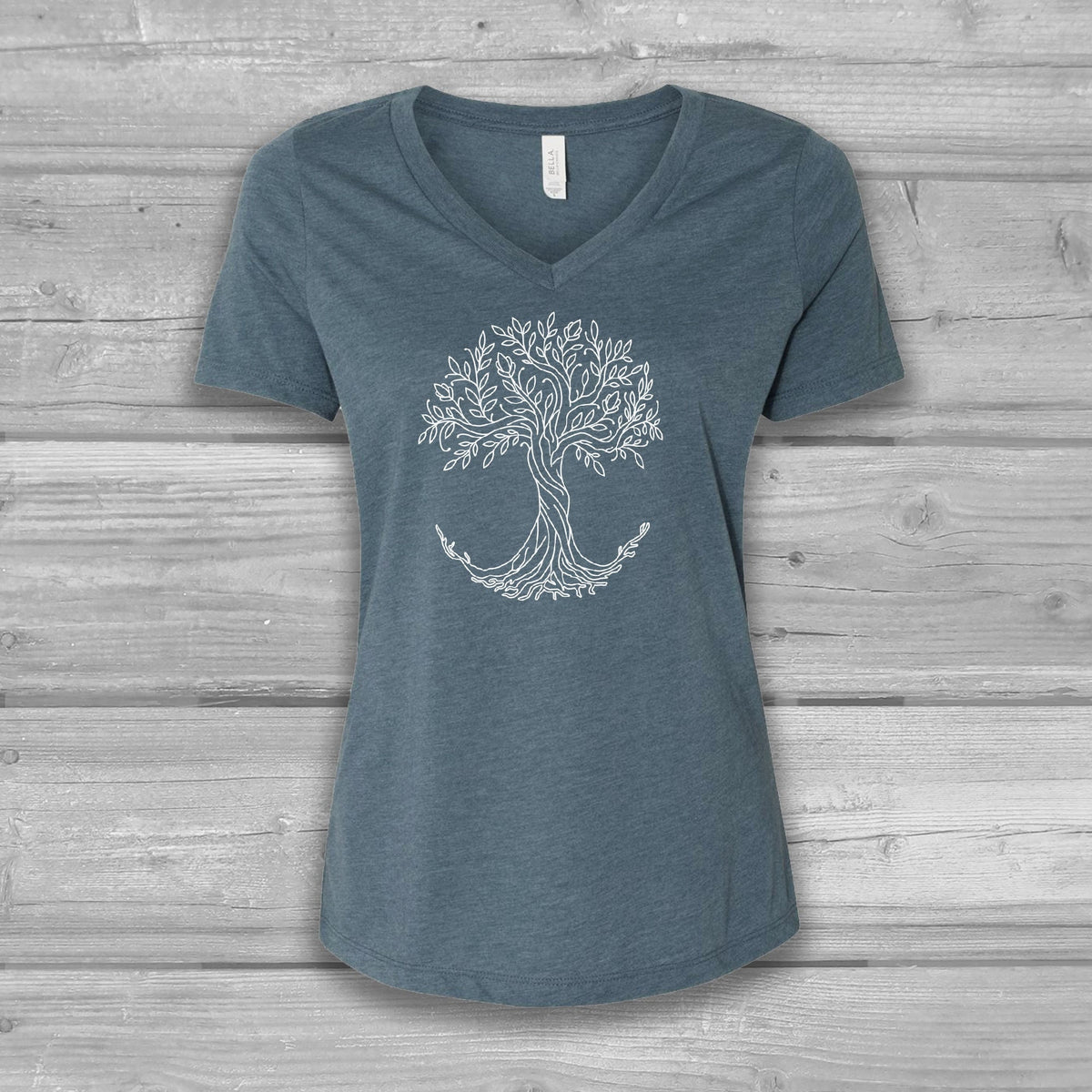 Tree of Life Womens V-Neck T-Shirt, Rooted: Bella Relaxed Fit, Lightweight, Soft Top