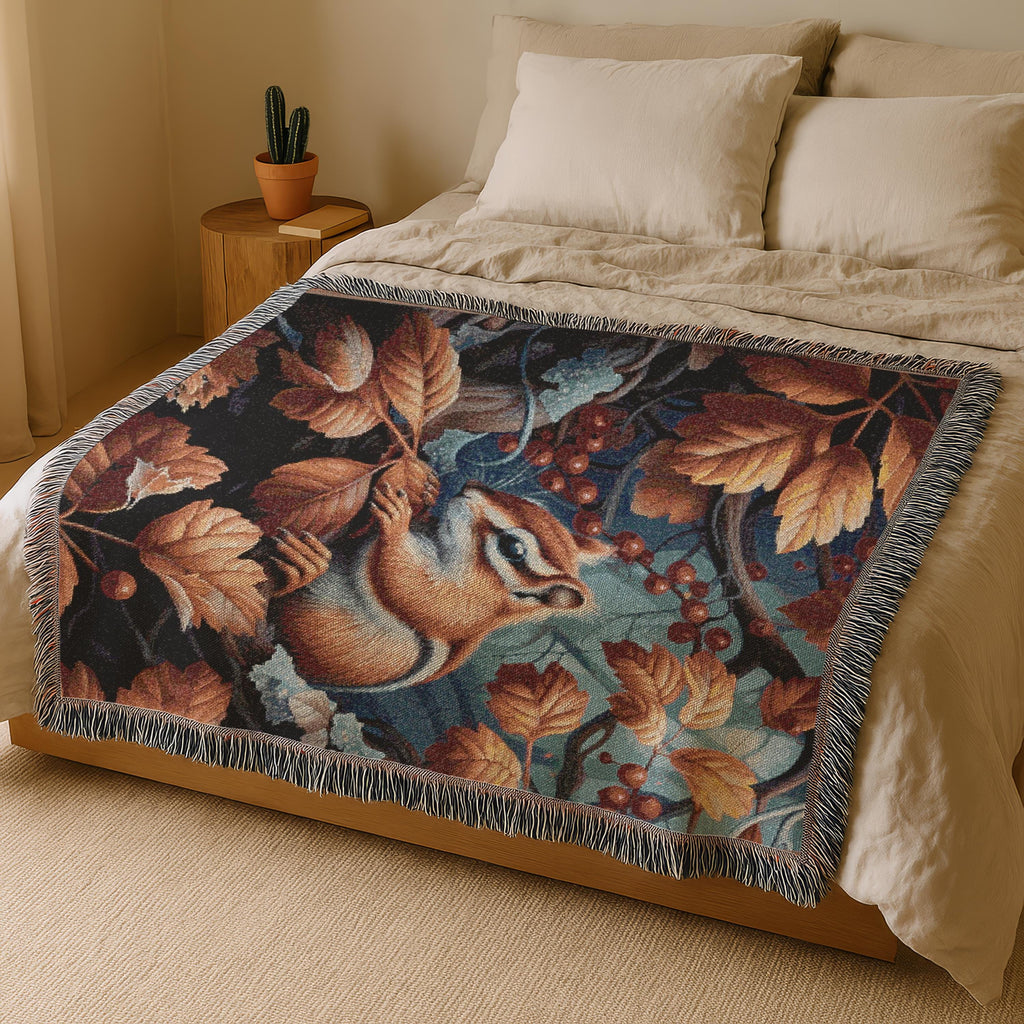 Autumn Squirell Woven Blanket | Fall Leaves Woodland Throw