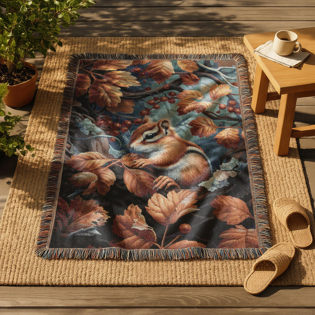 Autumn Squirell Woven Blanket | Fall Leaves Woodland Throw