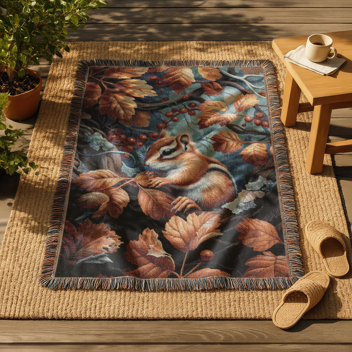 Autumn Squirell Woven Blanket | Fall Leaves Woodland Throw