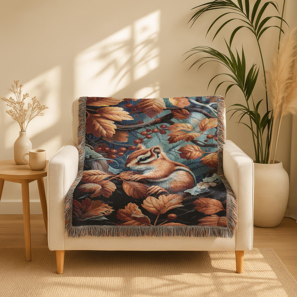Autumn Squirell Woven Blanket | Fall Leaves Woodland Throw