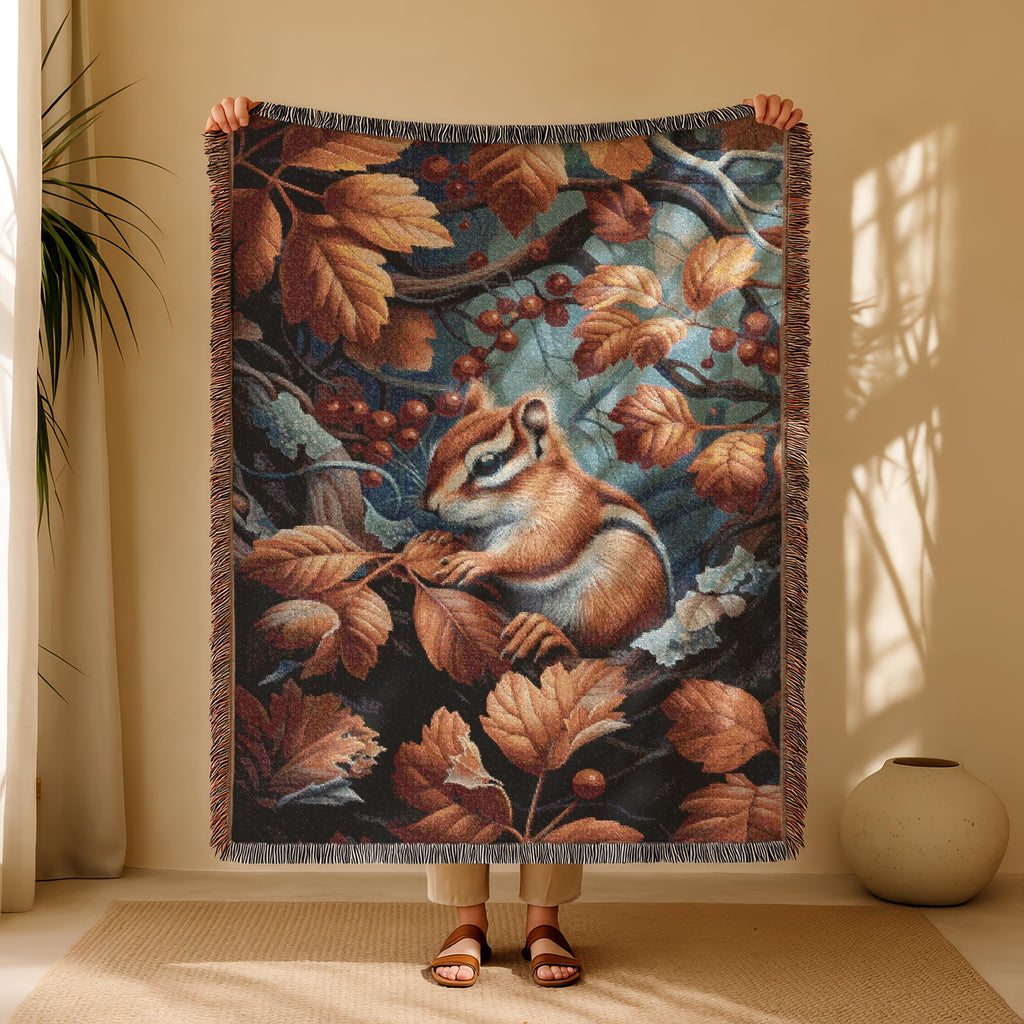 Autumn Squirell Woven Blanket | Fall Leaves Woodland Throw