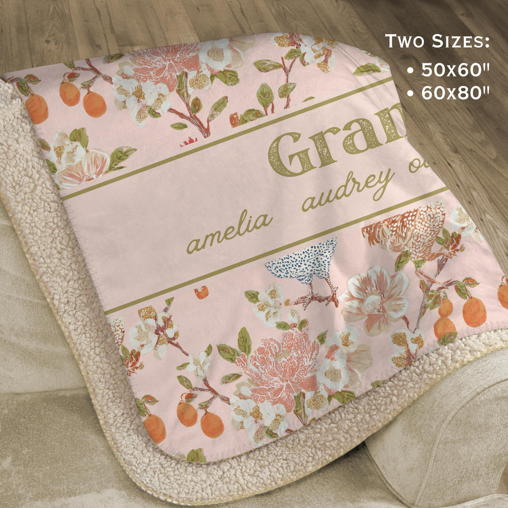 Personalized Floral Sherpa Fleece Blanket for Grandma or Mom, Kids Names, English Cottage Aesthetic, Custom Cozy Throw, Gift for Her, Family