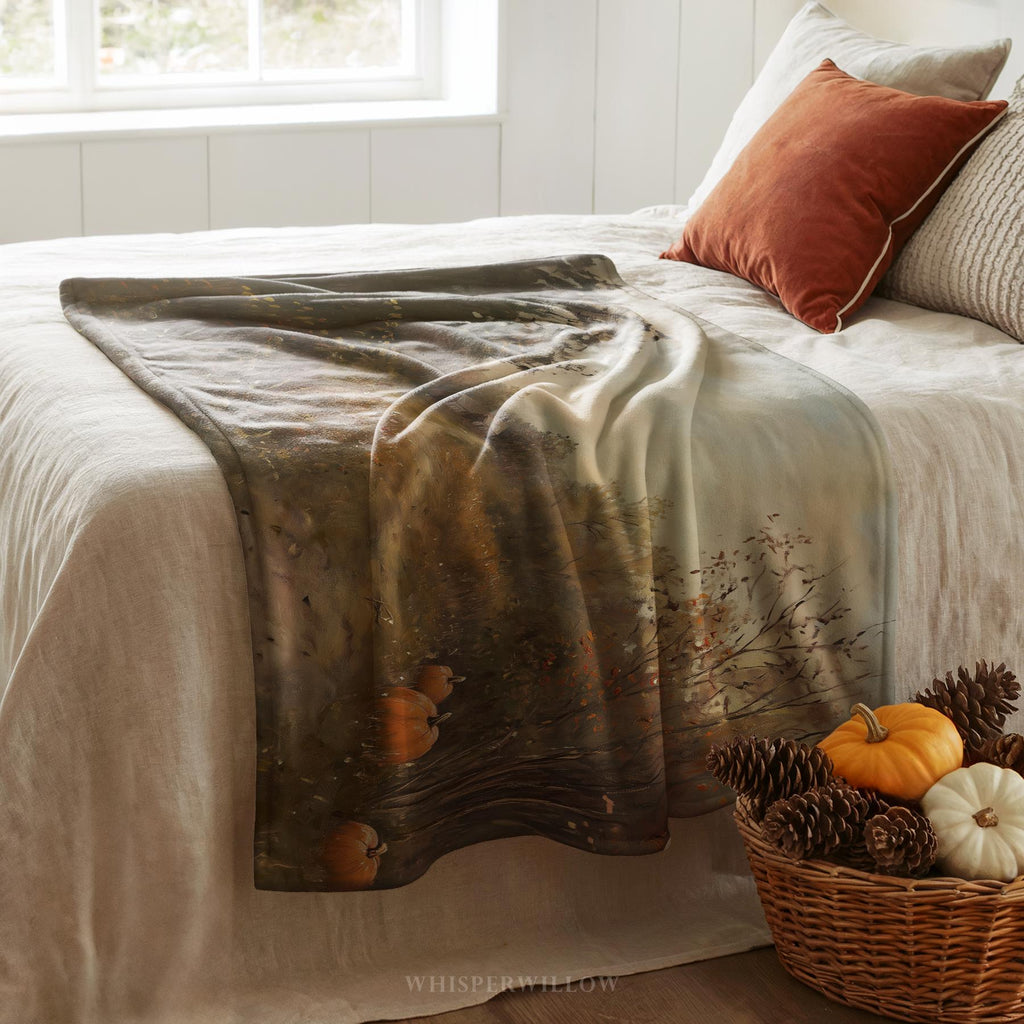 Autumn Pumpkin Path Throw Blanket - Fall Countryside, Rustic Plush Cozy Home Decor, Cottage Landscape Gift, Woodland Farmhouse