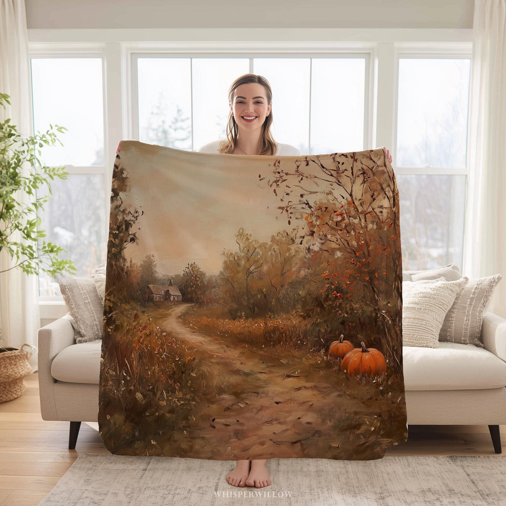 Autumn Pumpkin Path Throw Blanket - Fall Countryside, Rustic Plush Cozy Home Decor, Cottage Landscape Gift, Woodland Farmhouse