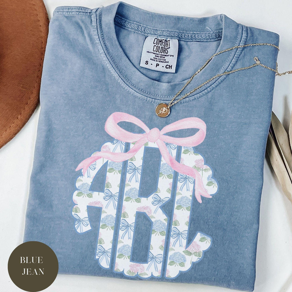 Custom Floral Toile Monogram Comfort Colors® Shirt, Coquette Bow, Preppy Chinoiserie Bouquet, Gift for Her, Hydrangea Monogram