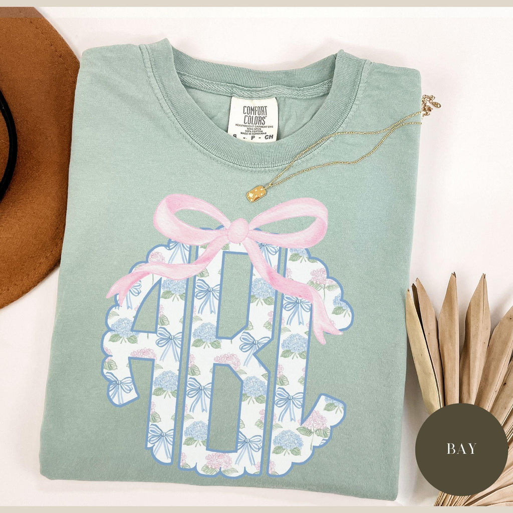 Custom Floral Toile Monogram Comfort Colors® Shirt, Coquette Bow, Preppy Chinoiserie Bouquet, Gift for Her, Hydrangea Monogram