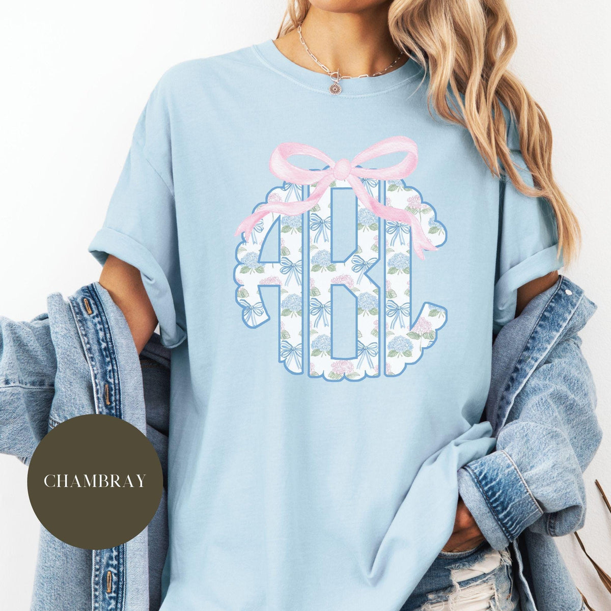 Custom Floral Toile Monogram Comfort Colors® Shirt, Coquette Bow, Preppy Chinoiserie Bouquet, Gift for Her, Hydrangea Monogram