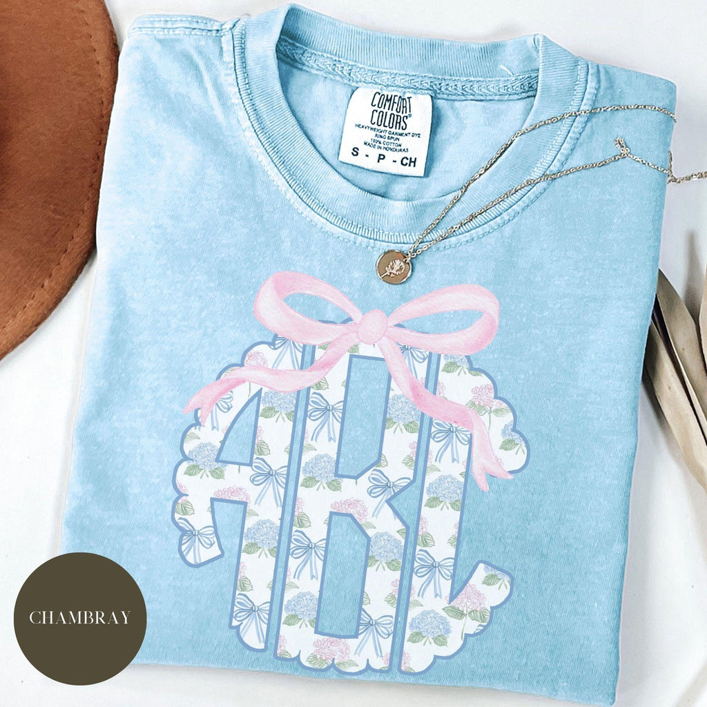 Custom Floral Toile Monogram Comfort Colors® Shirt, Coquette Bow, Preppy Chinoiserie Bouquet, Gift for Her, Hydrangea Monogram