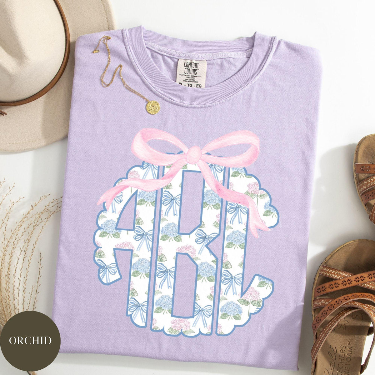 Custom Floral Toile Monogram Comfort Colors® Shirt, Coquette Bow, Preppy Chinoiserie Bouquet, Gift for Her, Hydrangea Monogram