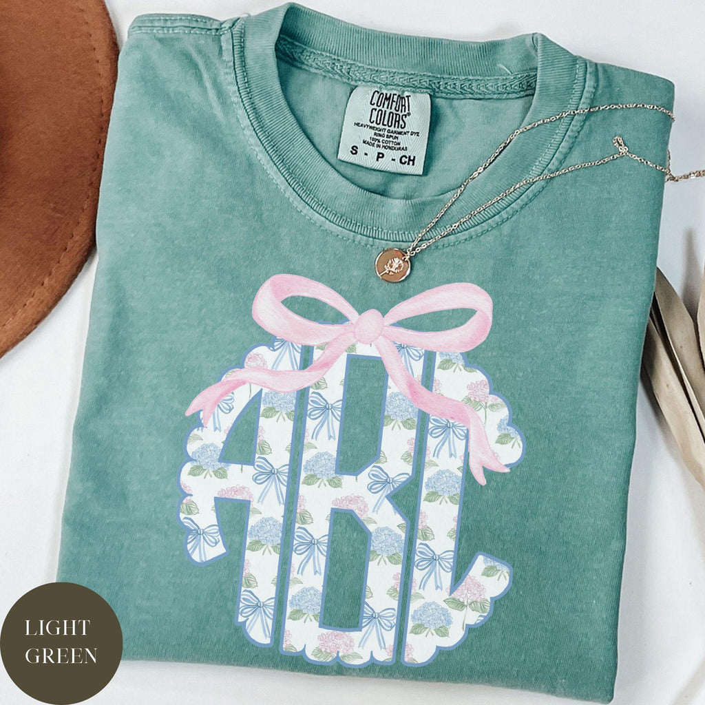 Custom Floral Toile Monogram Comfort Colors® Shirt, Coquette Bow, Preppy Chinoiserie Bouquet, Gift for Her, Hydrangea Monogram