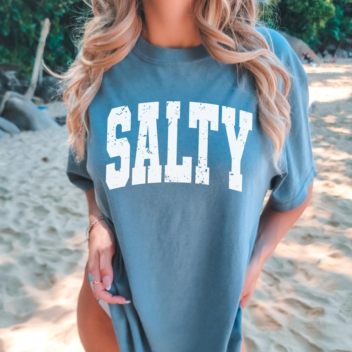 Comfort Colors Salty Shirt - Beach Summer T-Shirt - Distressed Large Print Trendy T-Shirt - Boho Cute Beach Tee - Ocean Babe Tee