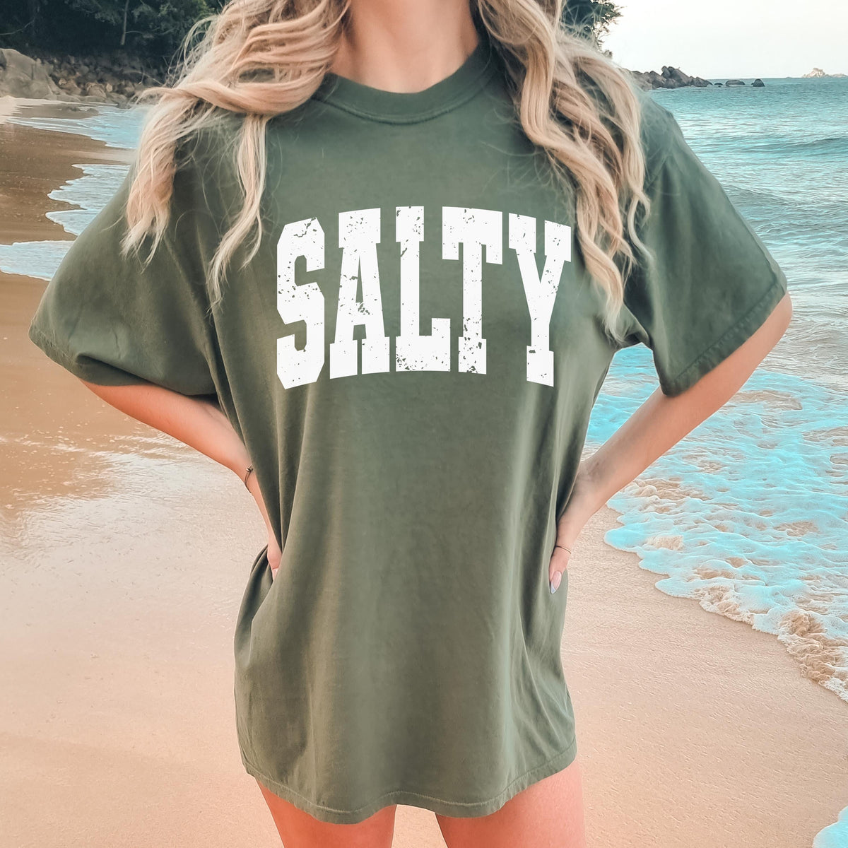 Comfort Colors Salty Shirt - Beach Summer T-Shirt - Distressed Large Print Trendy T-Shirt - Boho Cute Beach Tee - Ocean Babe Tee
