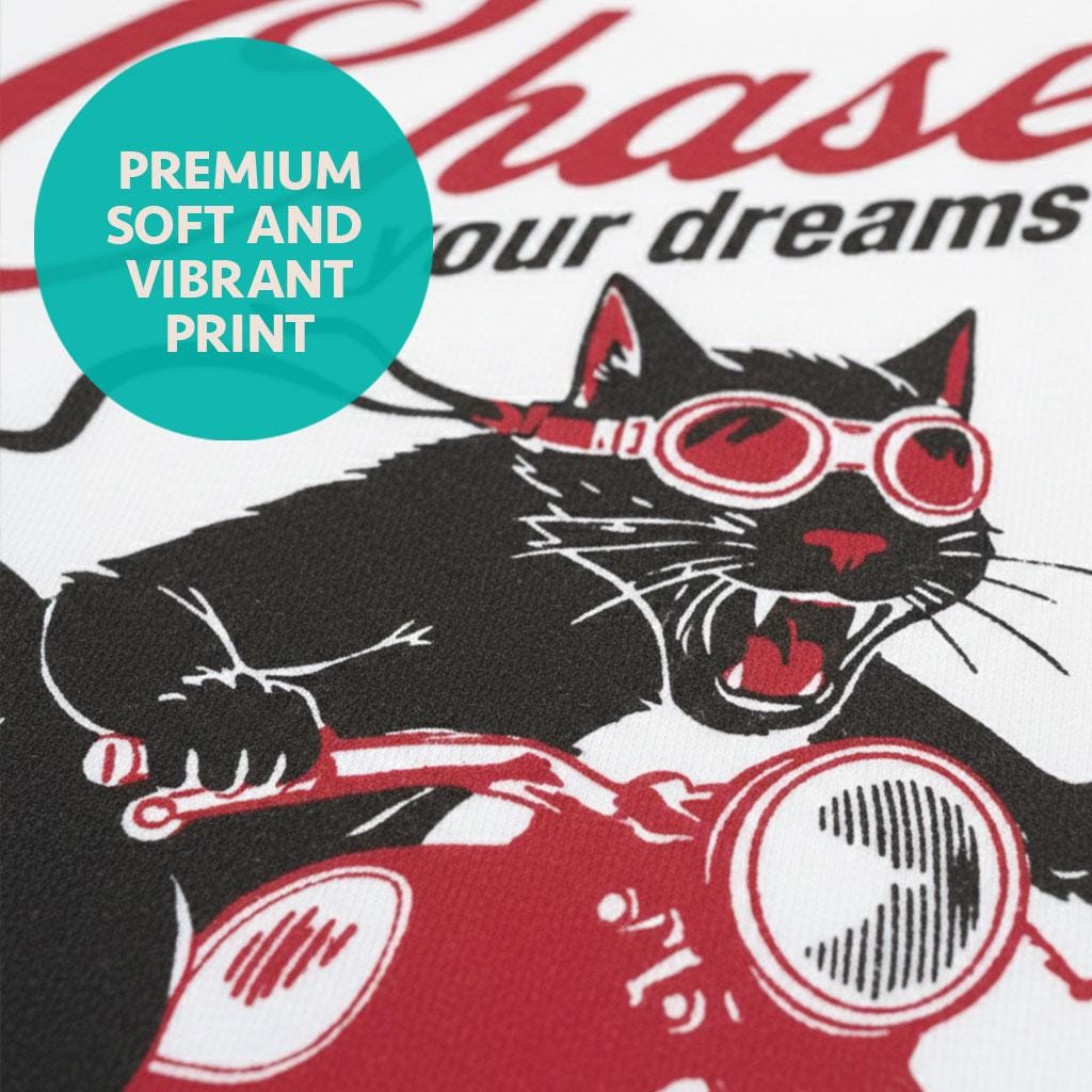 Chase Your Dreams Women's Tee | Edgy Black Cat Retro Motorcycle Fitted T-Shirt