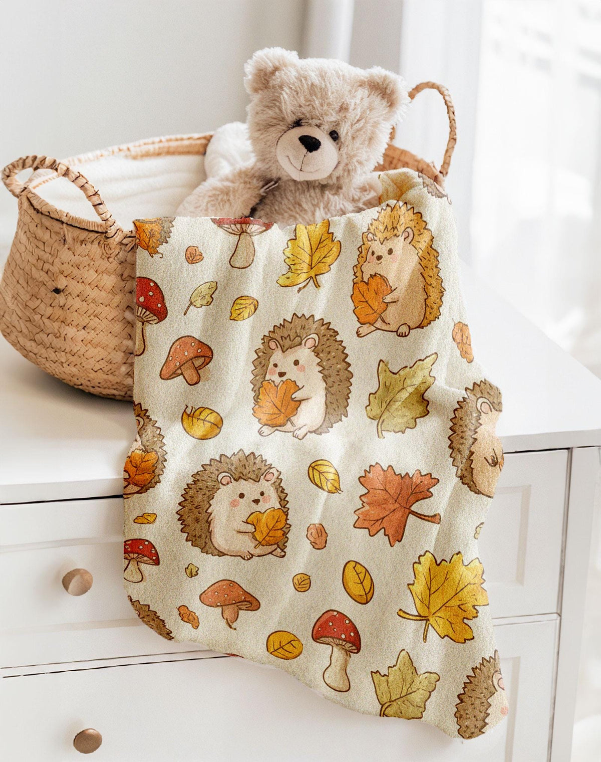 Minky Blanket, Sherpa Fleece, Velveteen Plush Throw, Blanket, Hedgehog Blanket, Fall Leaves, Autumn Throw, Woodland Animal, Mushroom Nature