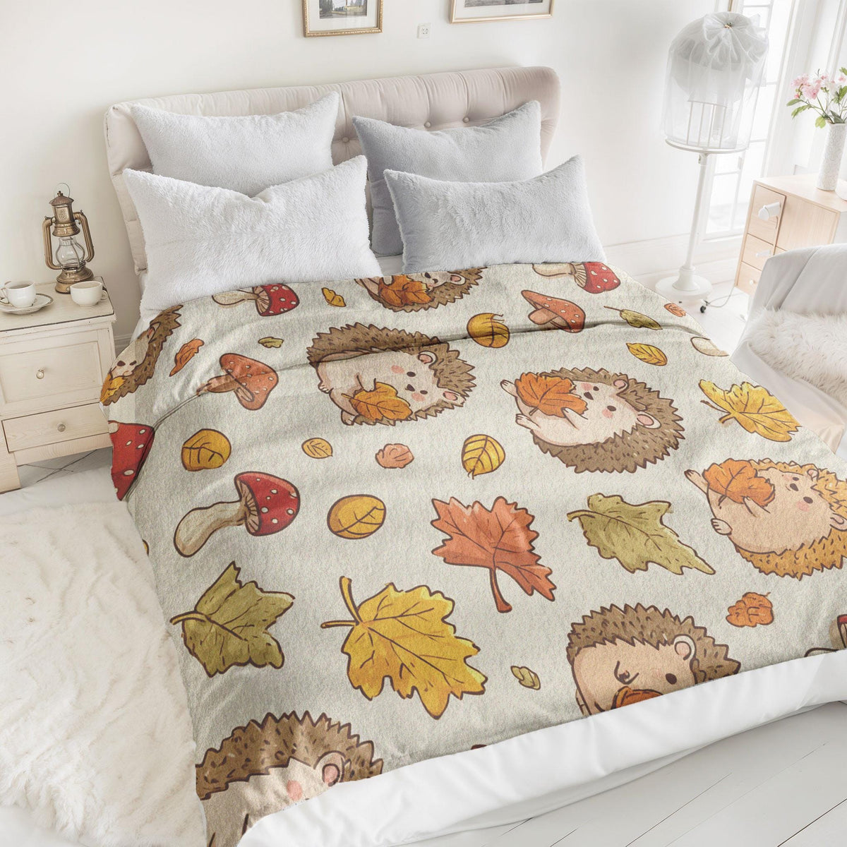 Minky Blanket, Sherpa Fleece, Velveteen Plush Throw, Blanket, Hedgehog Blanket, Fall Leaves, Autumn Throw, Woodland Animal, Mushroom Nature