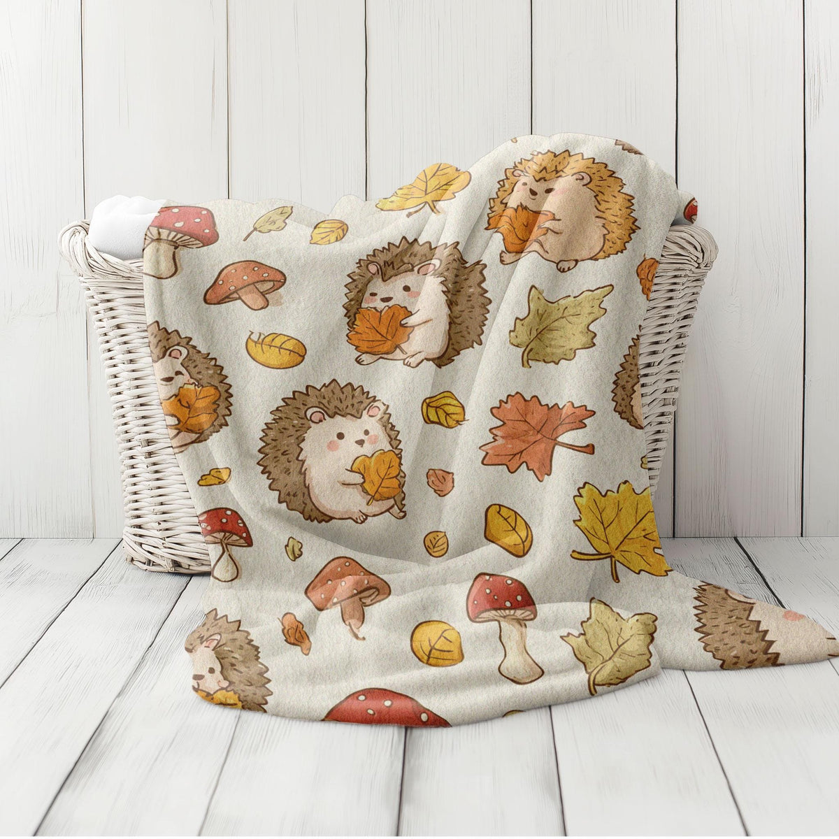 Minky Blanket, Sherpa Fleece, Velveteen Plush Throw, Blanket, Hedgehog Blanket, Fall Leaves, Autumn Throw, Woodland Animal, Mushroom Nature