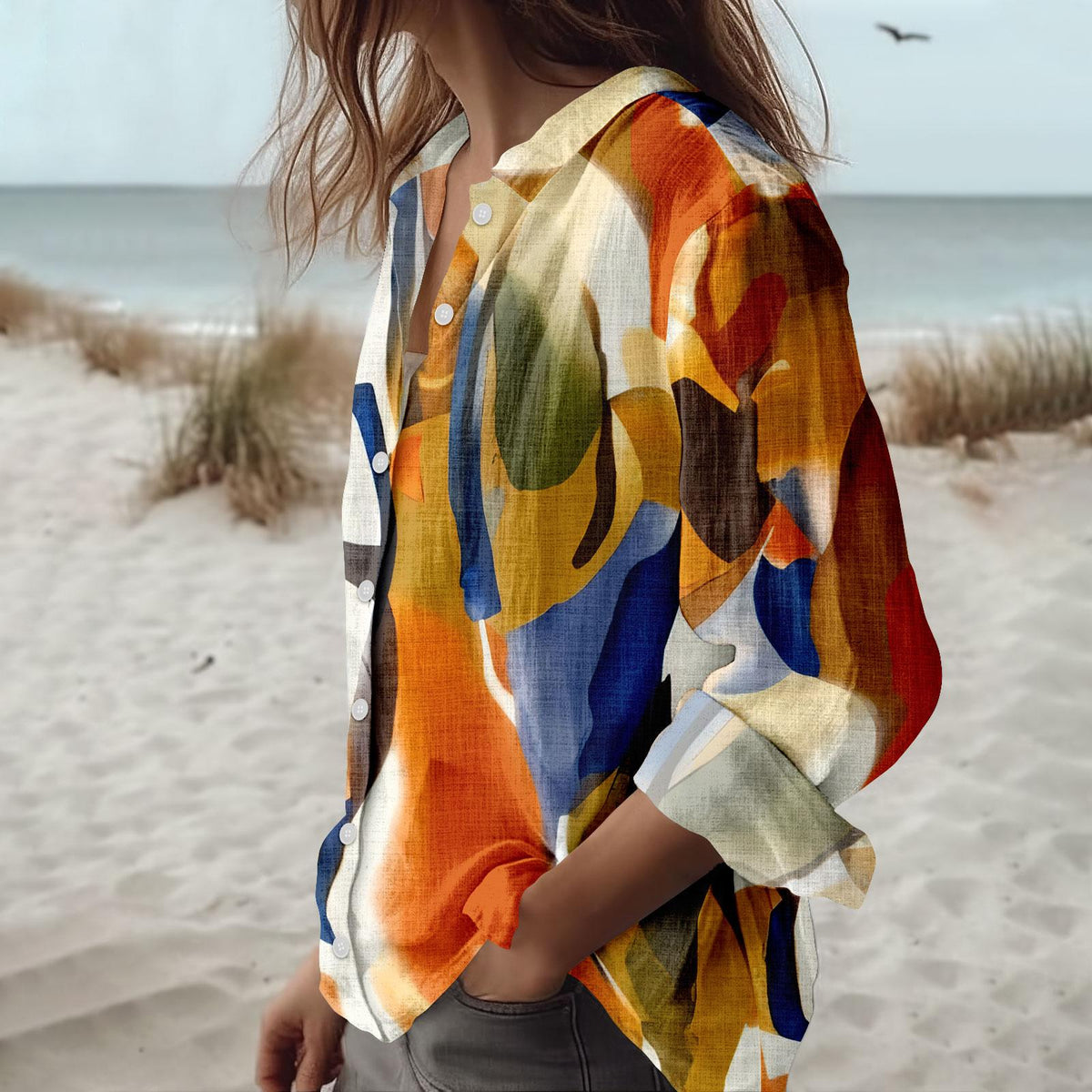 Abstract Art Blouse for Women, Colorful Casual Shirt, Modern Boho Button Up Top, Vintage Summer Beach Wear Gift
