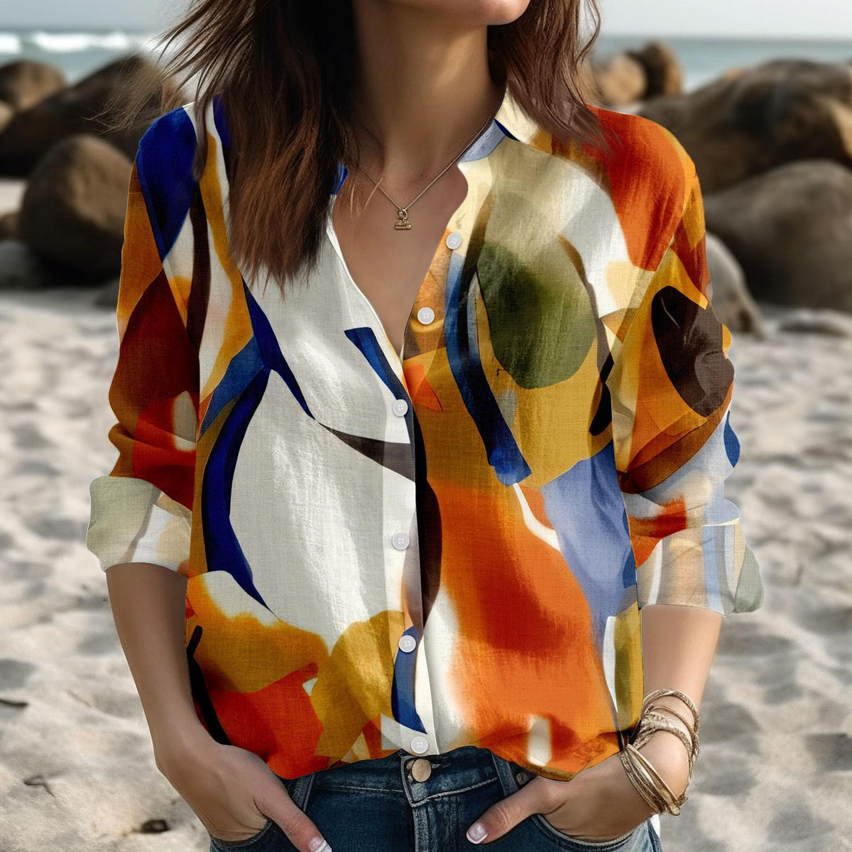 Abstract Art Blouse for Women, Colorful Casual Shirt, Modern Boho Button Up Top, Vintage Summer Beach Wear Gift