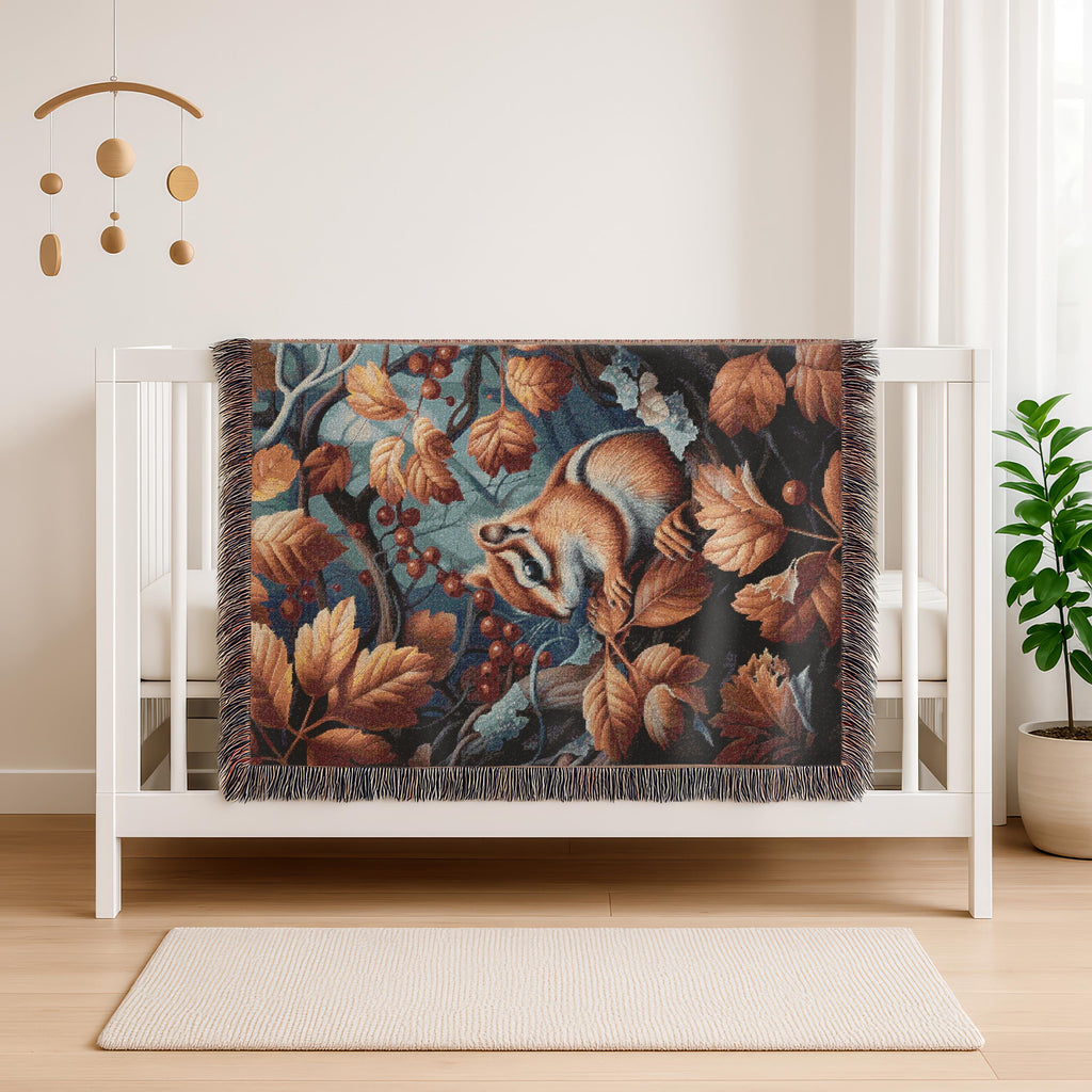 Autumn Squirell Woven Blanket | Fall Leaves Woodland Throw