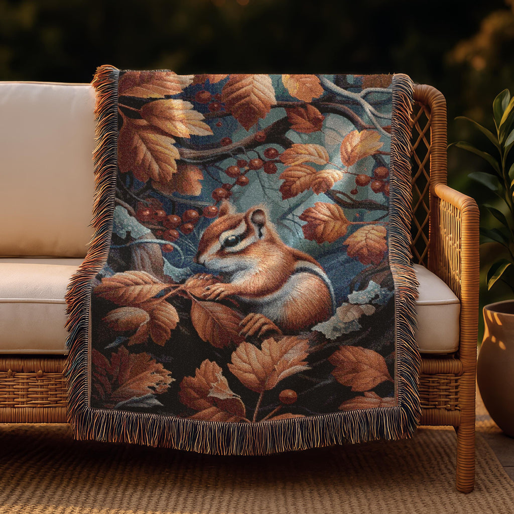 Autumn Squirell Woven Blanket | Fall Leaves Woodland Throw