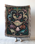 Dinosaur Blanket: Black Woven Throw, Cute Kawaii, Colorful Kids Teen Bedding, Nursery Bedroom, Triceratops Brachiosaurus, Unique Maximalist