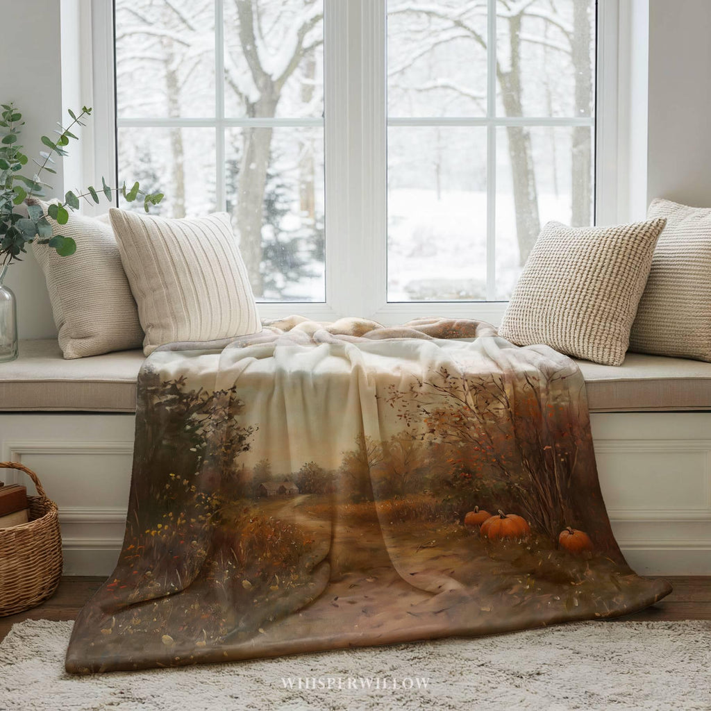 Autumn Pumpkin Path Throw Blanket - Fall Countryside, Rustic Plush Cozy Home Decor, Cottage Landscape Gift, Woodland Farmhouse