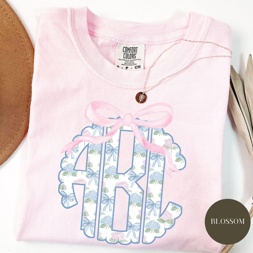 Custom Floral Toile Monogram Comfort Colors® Shirt, Coquette Bow, Preppy Chinoiserie Bouquet, Gift for Her, Hydrangea Monogram