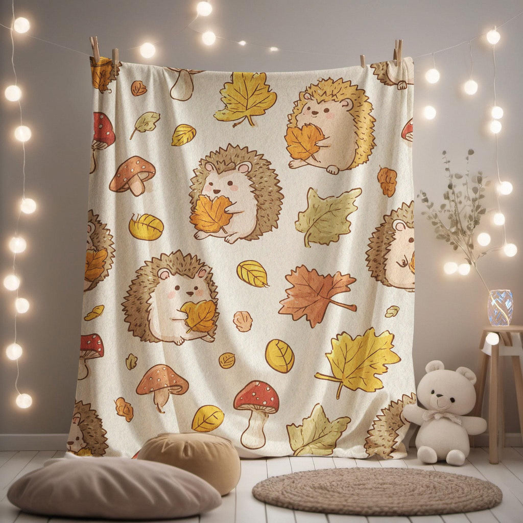Minky Blanket, Sherpa Fleece, Velveteen Plush Throw, Blanket, Hedgehog Blanket, Fall Leaves, Autumn Throw, Woodland Animal, Mushroom Nature