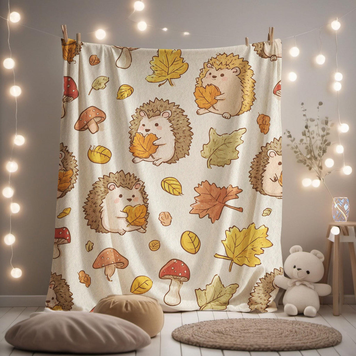 Minky Blanket, Sherpa Fleece, Velveteen Plush Throw, Blanket, Hedgehog Blanket, Fall Leaves, Autumn Throw, Woodland Animal, Mushroom Nature